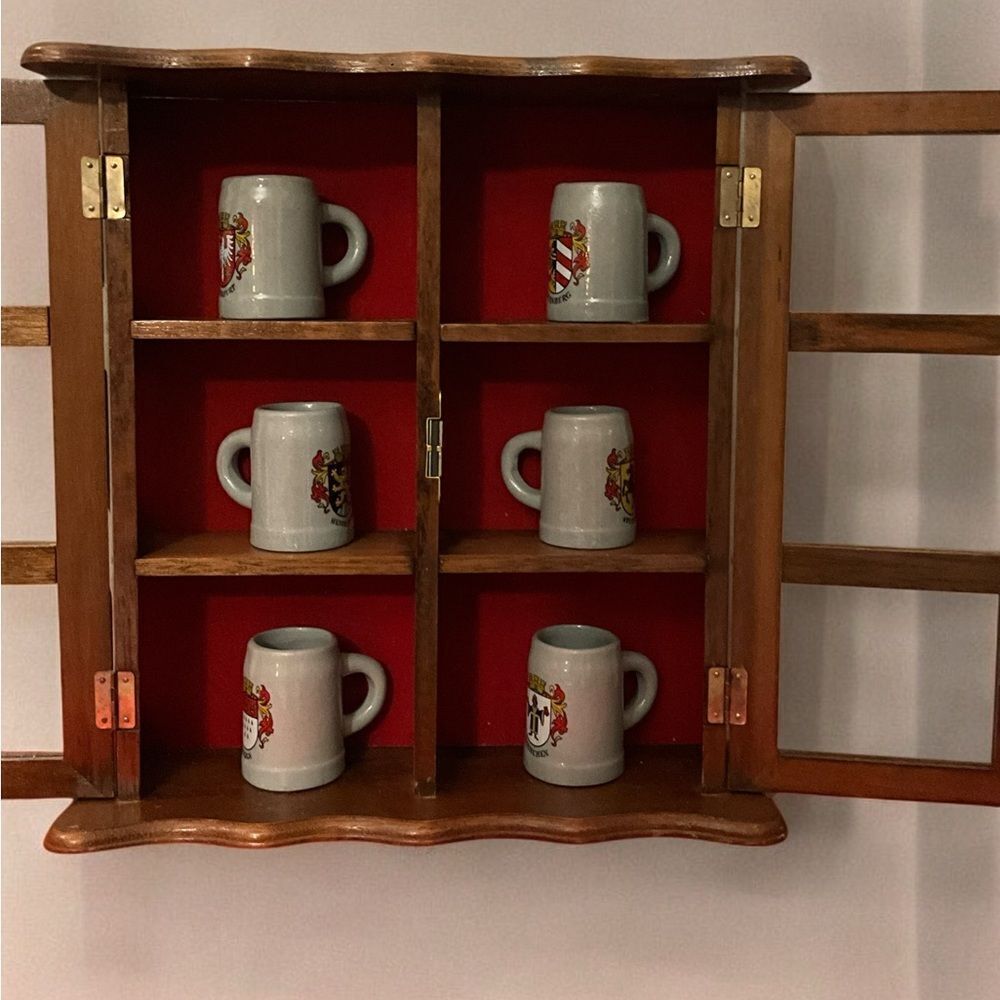 Rare Collectible 6 German Mini Beer Mugs/Steins in a Wooden Display Case